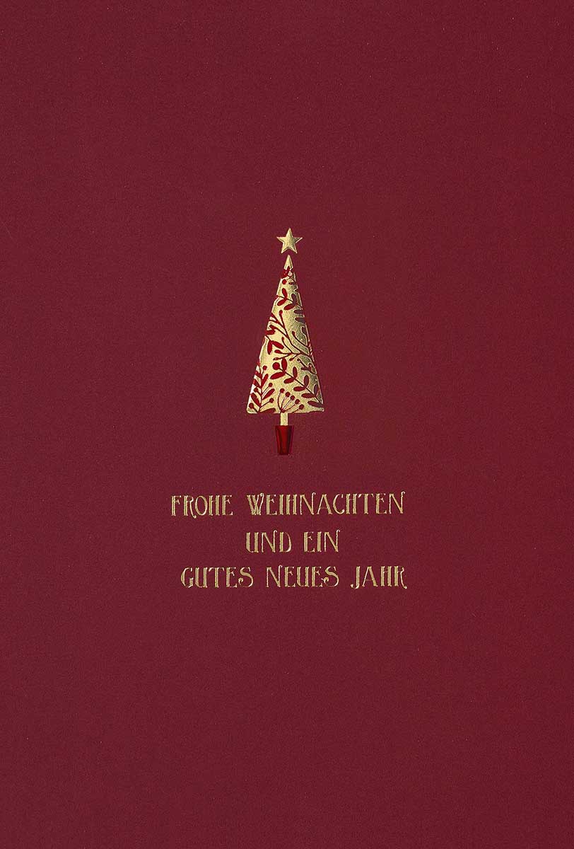 Elegante Weihnachtskarte in rot mit Goldprägung und gutem Zweck: Deutsche Krebshilfe